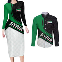 Syria Revolution Emblem Couples Matching Long Sleeve Bodycon Dress and Long Sleeve Button Shirt with Traditional Pattern and Curved Green Black Design