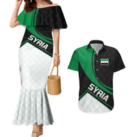 Syria Revolution Emblem Couples Matching Mermaid Dress and Hawaiian Shirt with Traditional Pattern and Curved Green Black Design