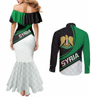 Syria Revolution Emblem Couples Matching Mermaid Dress and Long Sleeve Button Shirt with Traditional Pattern and Curved Green Black Design