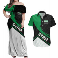Syria Revolution Emblem Couples Matching Off Shoulder Maxi Dress and Hawaiian Shirt with Traditional Pattern and Curved Green Black Design