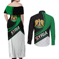 Syria Revolution Emblem Couples Matching Off Shoulder Maxi Dress and Long Sleeve Button Shirt with Traditional Pattern and Curved Green Black Design