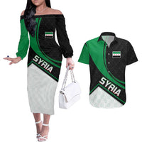 Syria Revolution Emblem Couples Matching Off The Shoulder Long Sleeve Dress and Hawaiian Shirt with Traditional Pattern and Curved Green Black Design