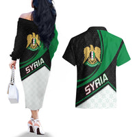 Syria Revolution Emblem Couples Matching Off The Shoulder Long Sleeve Dress and Hawaiian Shirt with Traditional Pattern and Curved Green Black Design