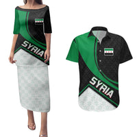 Syria Revolution Emblem Couples Matching Puletasi and Hawaiian Shirt with Traditional Pattern and Curved Green Black Design