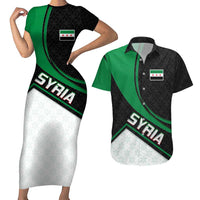 Syria Revolution Emblem Couples Matching Short Sleeve Bodycon Dress and Hawaiian Shirt with Traditional Pattern and Curved Green Black Design