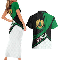 Syria Revolution Emblem Couples Matching Short Sleeve Bodycon Dress and Hawaiian Shirt with Traditional Pattern and Curved Green Black Design