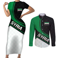 Syria Revolution Emblem Couples Matching Short Sleeve Bodycon Dress and Long Sleeve Button Shirt with Traditional Pattern and Curved Green Black Design