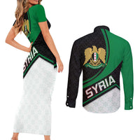 Syria Revolution Emblem Couples Matching Short Sleeve Bodycon Dress and Long Sleeve Button Shirt with Traditional Pattern and Curved Green Black Design