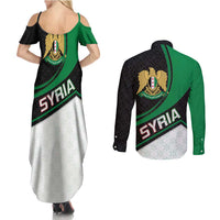 Syria Revolution Emblem Couples Matching Summer Maxi Dress and Long Sleeve Button Shirt with Traditional Pattern and Curved Green Black Design