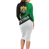 Syria Revolution Emblem Family Matching Long Sleeve Bodycon Dress and Hawaiian Shirt with Traditional Pattern and Curved Green Black Design