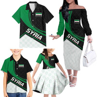 Syria Revolution Emblem Family Matching Off The Shoulder Long Sleeve Dress and Hawaiian Shirt with Traditional Pattern and Curved Green Black Design