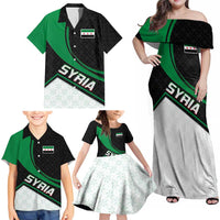 Syria Revolution Emblem Family Matching Off Shoulder Maxi Dress and Hawaiian Shirt with Traditional Pattern and Curved Green Black Design