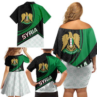 Syria Revolution Emblem Family Matching Off Shoulder Short Dress and Hawaiian Shirt with Traditional Pattern and Curved Green Black Design