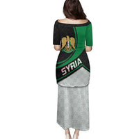Syria Revolution Emblem Family Matching Puletasi and Hawaiian Shirt with Traditional Pattern and Curved Green Black Design