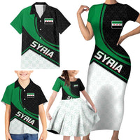 Syria Revolution Emblem Family Matching Short Sleeve Bodycon Dress and Hawaiian Shirt with Traditional Pattern and Curved Green Black Design