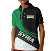 Syria Revolution Emblem Kid Polo Shirt with Traditional Pattern and Curved Green Black Design