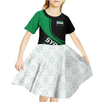Syria Revolution Emblem Kid Short Sleeve Dress with Traditional Pattern and Curved Green Black Design
