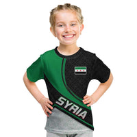 Syria Revolution Emblem Kid T Shirt with Traditional Pattern and Curved Green Black Design