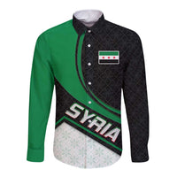 Syria Revolution Emblem Long Sleeve Button Shirt with Traditional Pattern and Curved Green Black Design