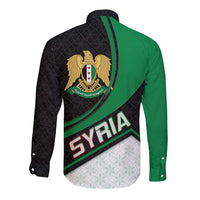 Syria Revolution Emblem Long Sleeve Button Shirt with Traditional Pattern and Curved Green Black Design