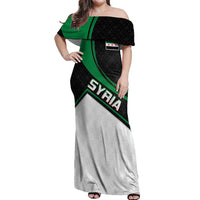 Syria Revolution Emblem Off Shoulder Maxi Dress with Traditional Pattern and Curved Green Black Design