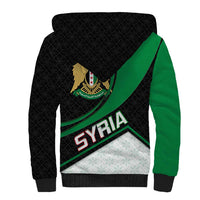 Syria Revolution Emblem Sherpa Hoodie with Traditional Pattern and Curved Green Black Design