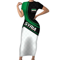 Syria Revolution Emblem Short Sleeve Bodycon Dress with Traditional Pattern and Curved Green Black Design