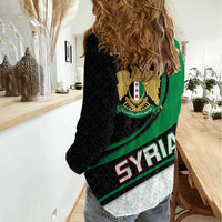 Syria Revolution Emblem Women Casual Shirt with Traditional Pattern and Curved Green Black Design