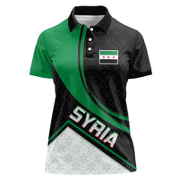 Syria Revolution Emblem Women Polo Shirt with Traditional Pattern and Curved Green Black Design