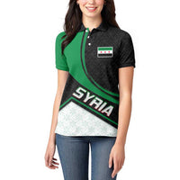 Syria Revolution Emblem Women Polo Shirt with Traditional Pattern and Curved Green Black Design