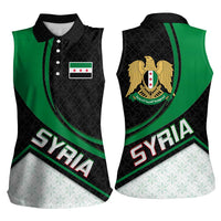 Syria Revolution Emblem Women Sleeveless Polo Shirt with Traditional Pattern and Curved Green Black Design