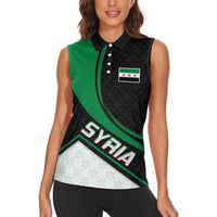 Syria Revolution Emblem Women Sleeveless Polo Shirt with Traditional Pattern and Curved Green Black Design