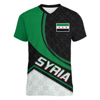 Syria Revolution Emblem Women V-Neck T-Shirt with Traditional Pattern and Curved Green Black Design