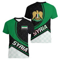 Syria Revolution Emblem Women V-Neck T-Shirt with Traditional Pattern and Curved Green Black Design