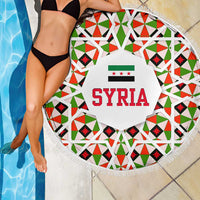 Syria Geometric Pattern Beach Blanket with Traditional Arab Tile Motif and Flag Emblem