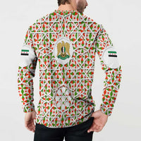Syria Geometric Pattern Button Sweatshirt with Traditional Arab Tile Motif and Flag Emblem