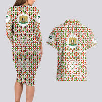 Syria Geometric Pattern Couples Matching Long Sleeve Bodycon Dress and Hawaiian Shirt with Traditional Arab Tile Motif and Flag Emblem