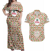 Syria Geometric Pattern Couples Matching Off Shoulder Maxi Dress and Hawaiian Shirt with Traditional Arab Tile Motif and Flag Emblem