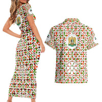 Syria Geometric Pattern Couples Matching Short Sleeve Bodycon Dress and Hawaiian Shirt with Traditional Arab Tile Motif and Flag Emblem