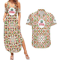 Syria Geometric Pattern Couples Matching Summer Maxi Dress and Hawaiian Shirt with Traditional Arab Tile Motif and Flag Emblem