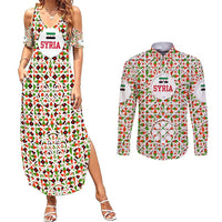 Syria Geometric Pattern Couples Matching Summer Maxi Dress and Long Sleeve Button Shirt with Traditional Arab Tile Motif and Flag Emblem