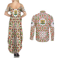 Syria Geometric Pattern Couples Matching Summer Maxi Dress and Long Sleeve Button Shirt with Traditional Arab Tile Motif and Flag Emblem