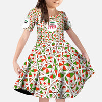 Syria Geometric Pattern Family Matching Off The Shoulder Long Sleeve Dress and Hawaiian Shirt with Traditional Arab Tile Motif and Flag Emblem