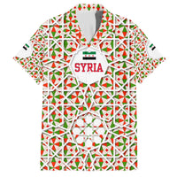 Syria Geometric Pattern Family Matching Off The Shoulder Long Sleeve Dress and Hawaiian Shirt with Traditional Arab Tile Motif and Flag Emblem