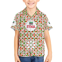 Syria Geometric Pattern Family Matching Off The Shoulder Long Sleeve Dress and Hawaiian Shirt with Traditional Arab Tile Motif and Flag Emblem