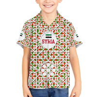 Syria Geometric Pattern Family Matching Off Shoulder Maxi Dress and Hawaiian Shirt with Traditional Arab Tile Motif and Flag Emblem