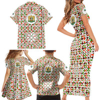 Syria Geometric Pattern Family Matching Short Sleeve Bodycon Dress and Hawaiian Shirt with Traditional Arab Tile Motif and Flag Emblem