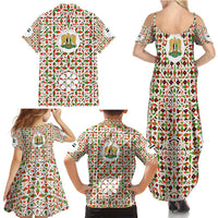 Syria Geometric Pattern Family Matching Summer Maxi Dress and Hawaiian Shirt with Traditional Arab Tile Motif and Flag Emblem