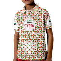 Syria Geometric Pattern Kid Polo Shirt with Traditional Arab Tile Motif and Flag Emblem