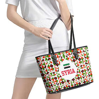 Syria Geometric Pattern Leather Tote Bag with Traditional Arab Tile Motif and Flag Emblem